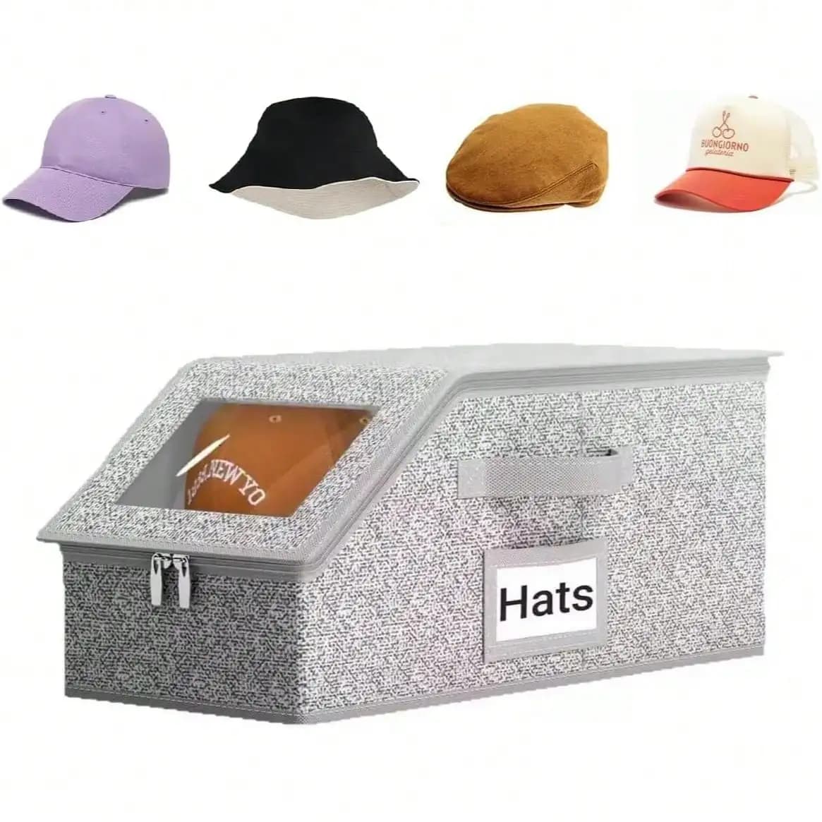Hat Organizer for Baseball Caps, Hat Storage Holder Container for Closet Hold Up to 12 Caps with Clear Window, Hat Boxes for Home Storage | 2Pcs Grey