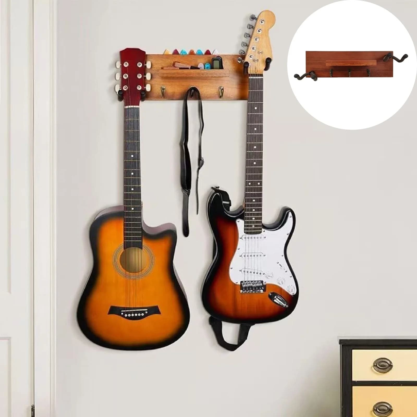Premium Sapele Wood Guitar Wall Hanger Stand Space Saving Organizer with Shelf for Home Studio Electric Guitars