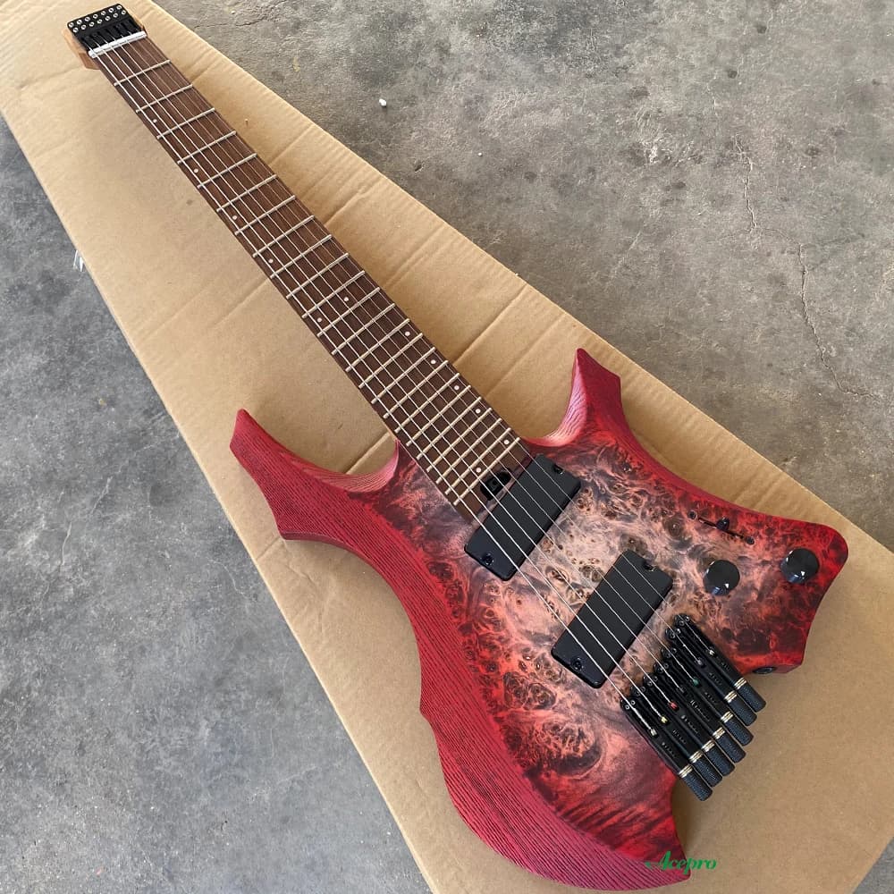 Chitarra Elettrica Headless a 7 Corde, Tastiera in Legno Rosso, Pickup Attivi, Manico in Acero Tostato a 9 Pezzi, Tasti Jumbo in Acciaio Inossidabile