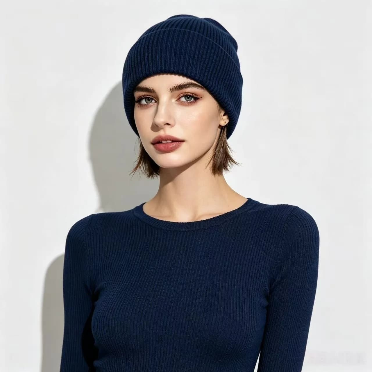 Navy Blue Ribbed Knit Thermal Beanie Hat - Unisex Windproof Warm Winter Hat, Stretchable Cuffed Skull Cap for Skiing, Running, O