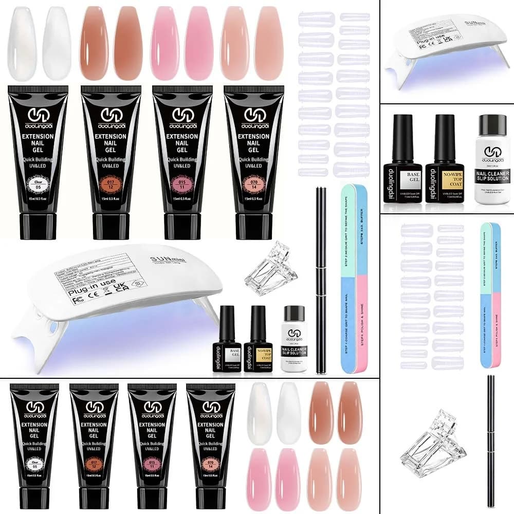 Set di gel per extension unghie DOULINGDAI 4 colori, trasparente, rosa, bianco, marrone Hiborges, con mini lampada per unghie e strumenti essenziali