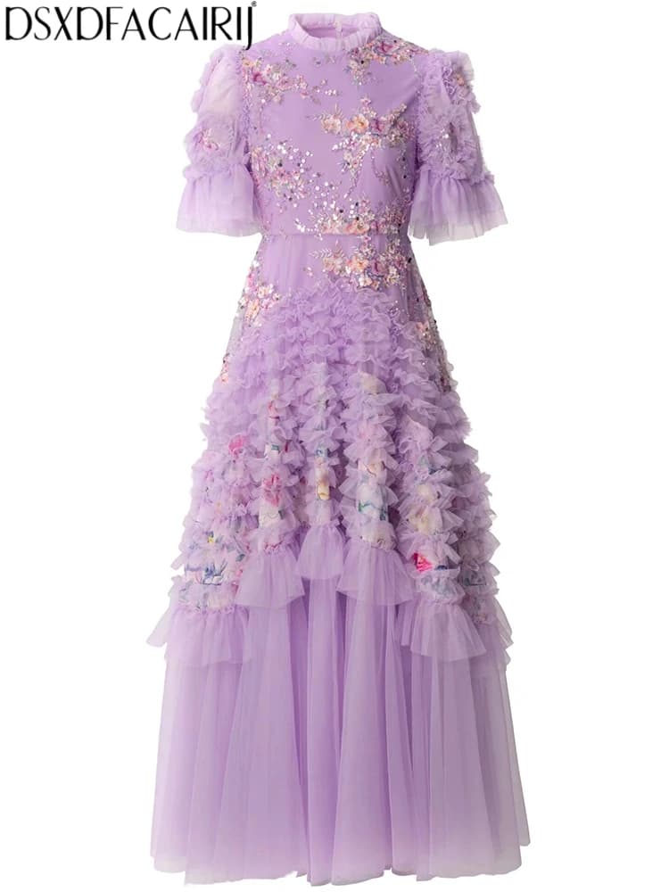 DSFACAIRIJ Abito lungo da donna vintage con scollo a O, maniche a campana, ricami e paillettes, ideale per primavera e autunno