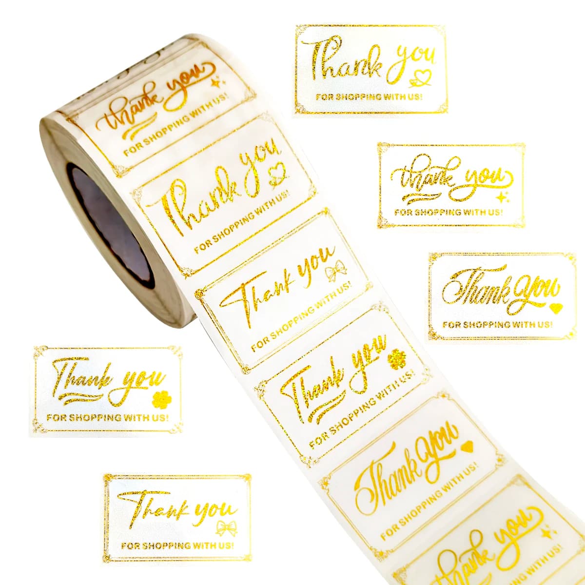 Rotolo di adesivi di ringraziamento da 500 pezzi – Etichette adesive rettangolari da 5×3 cm con effetto foil per sacchetti regalo, scatole e confezioni aziendali