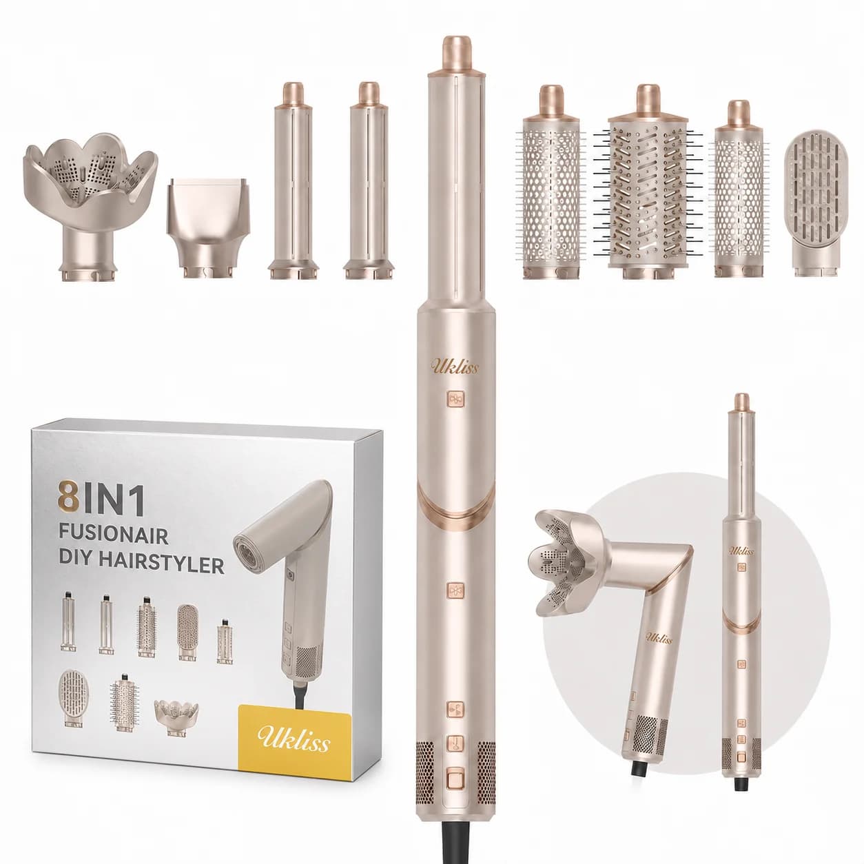 Hair dryer 8 in 1 Tools for styler Full set Brushless motor from salon 110000 rpm Professional hair dryer, champagne color