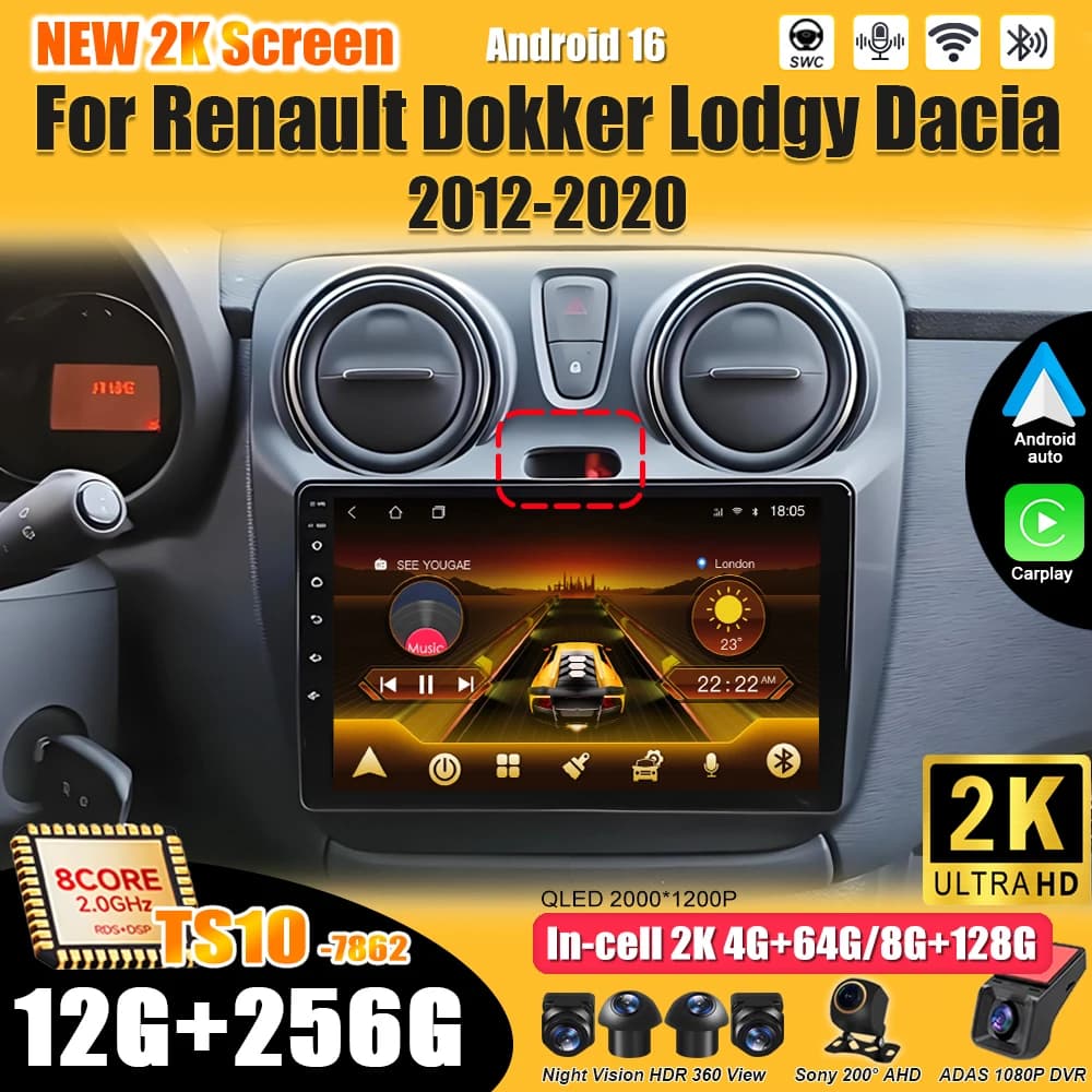 Autoradio Android 15 for Renault Dokker Lodgy Dacia 2012-2020, Multimedia Reader Video 2 DIN with Carplay, Bluetooth, Touch Screen and Wi-Fi
