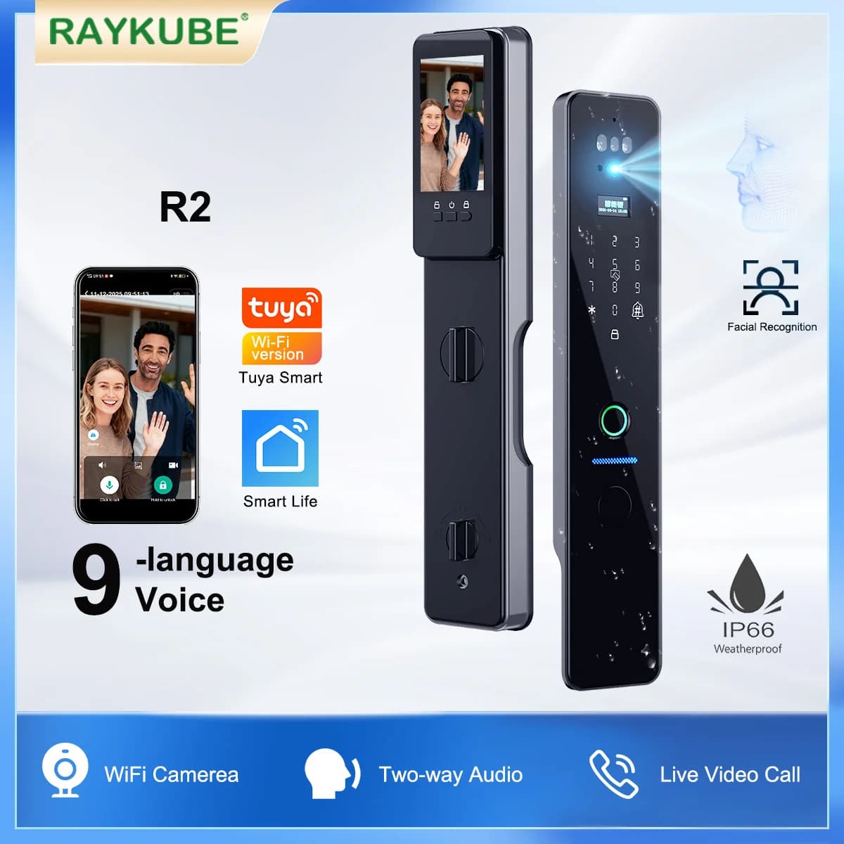 RAYKUBE R2 IP66 Impermeabile Tuya WiFi 3D Blocco elettronico automatico per impronte digitali facciale con telecamera WiFi Monitor attivo in tempo reale