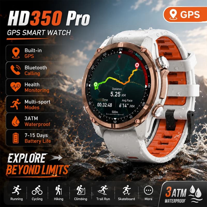 Smartwatch HD350 Pro di Grado Militare con AGPS, Impermeabile 3ATM, GNSS Dual-band, Bussola, Altimetro, Display AMOLED, per Nuoto e Sport, Orologio Intelligente da Uomo