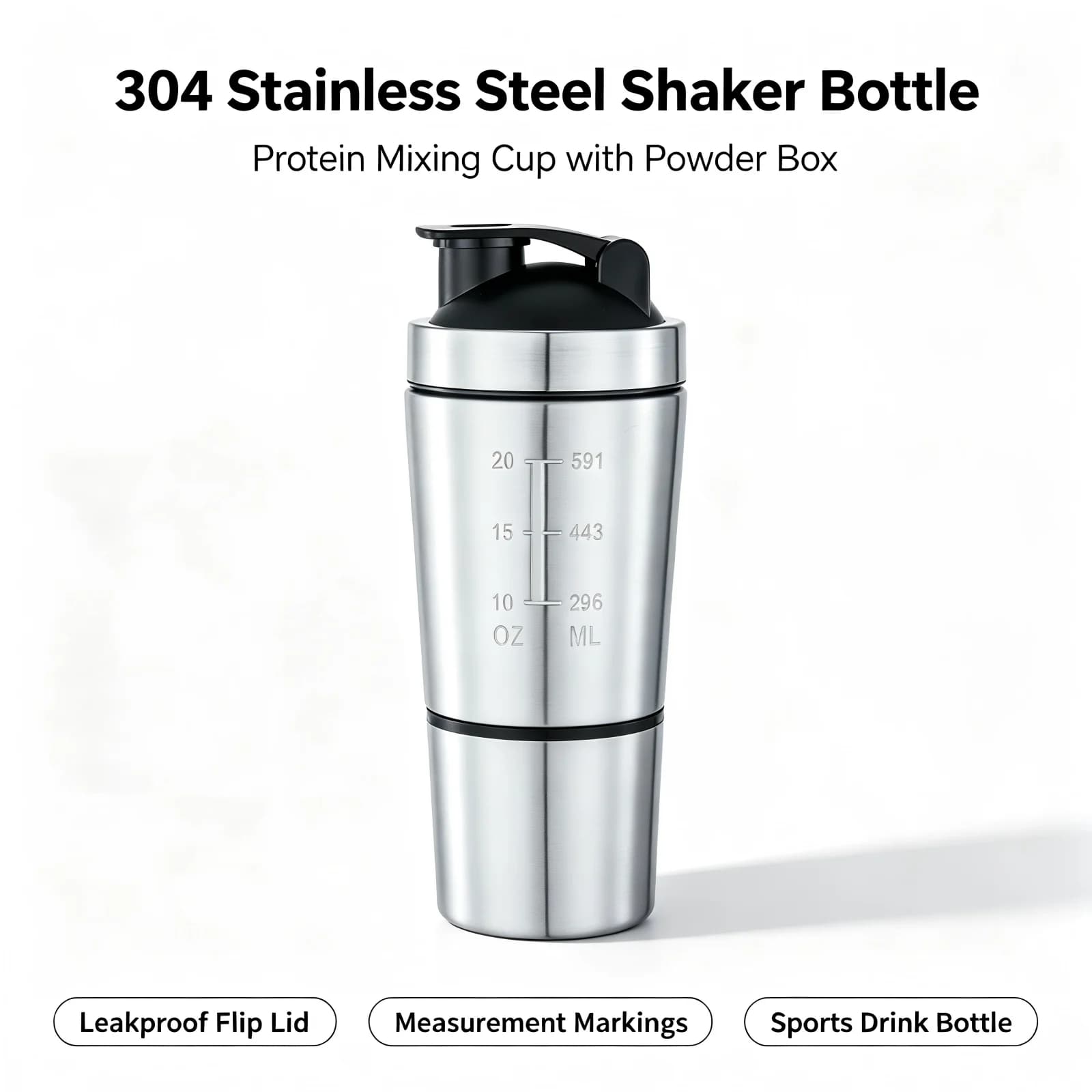 304 Stainless Steel Protein Shaker Bottle with Scale Mark Portable Mixing Mug For Gym Fitness Outdoor Sports Training Accessory