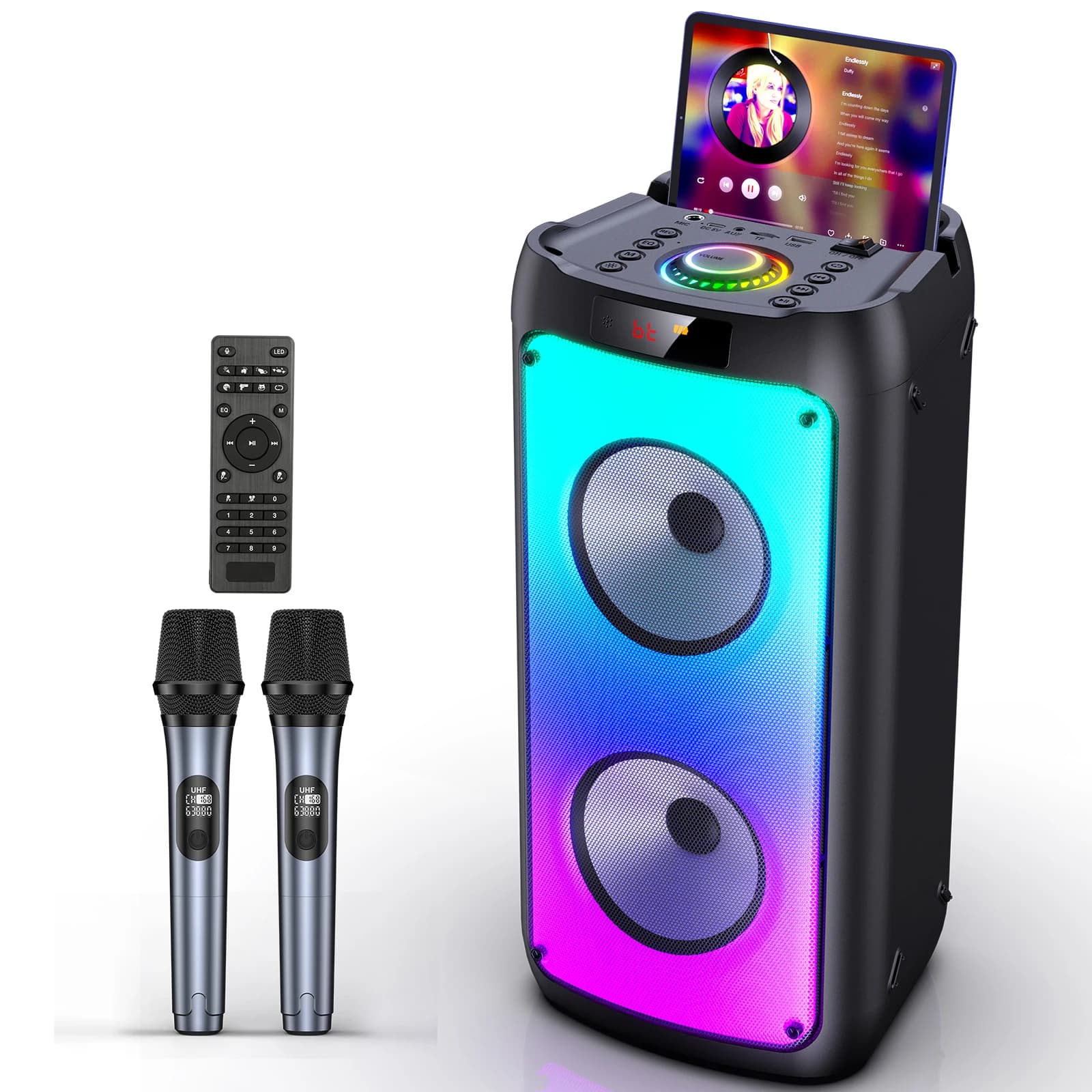 Altoparlante Bluetooth wireless, macchina per karaoke con 2 microfoni, altoparlante per feste karaoke domestico con luce LED
