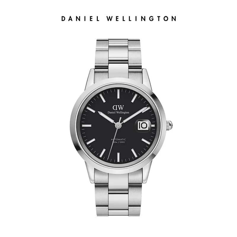 Daniel Wellington Iconic Link Automatic 40 Men Watch Luxury Mechanical Luminous Magnified Date Silver Stainless Steel Black Dial