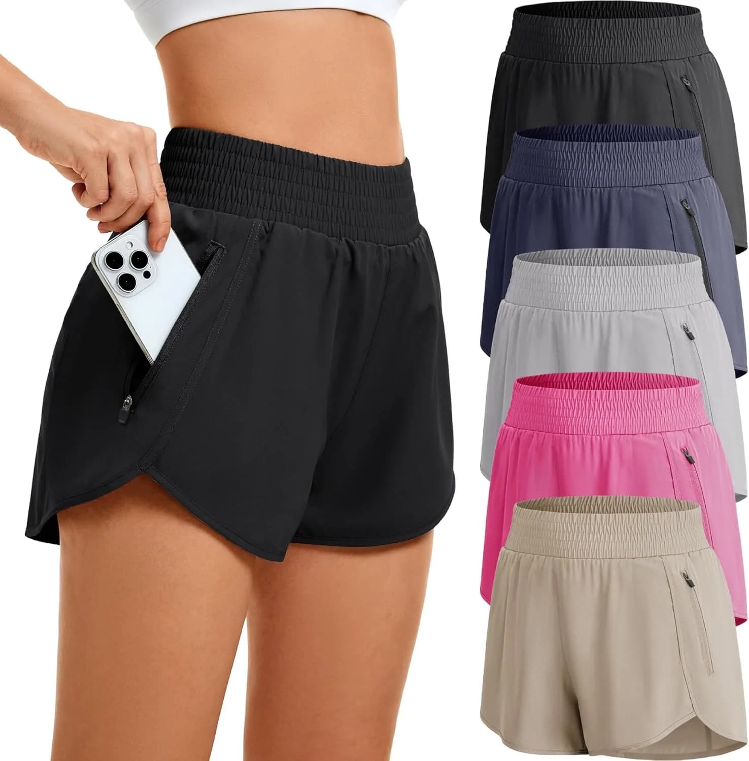 Pantaloncini sportivi da donna a vita alta con tasche, realizzati in materiale elastico traspirante, adatti per yoga e corsa estive
