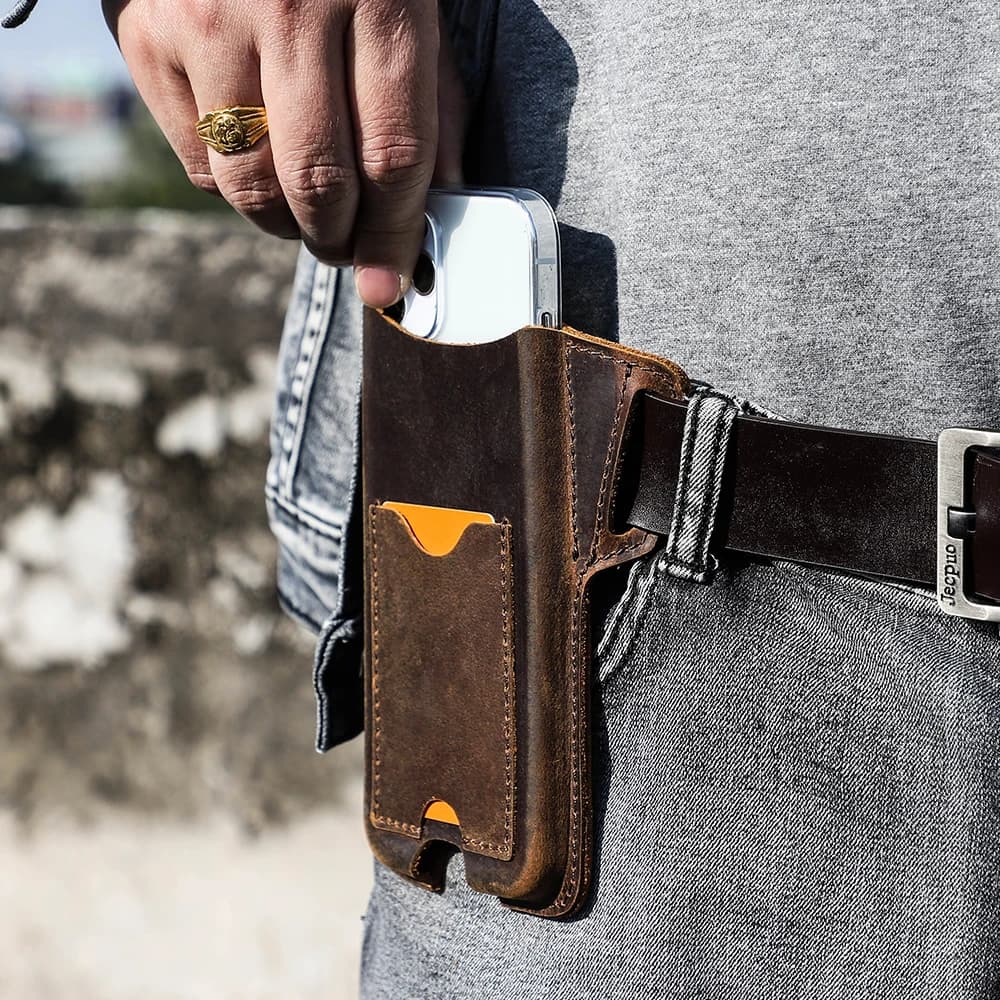 CONTACTS FAMILY 100% Nubuck Leather Phone Waist Case Bag Men Cellphone Loop Holster Belt Pouch for iPhone 16 15 14 Pro Max Mini