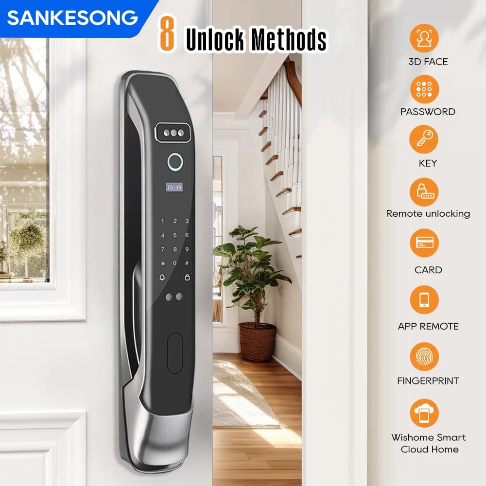 SANKESONG 3D Face Recognition Smart Lock with 6068 Mortise, 5-in-1 Biometric Fingerprint Door Lock [US Stock]