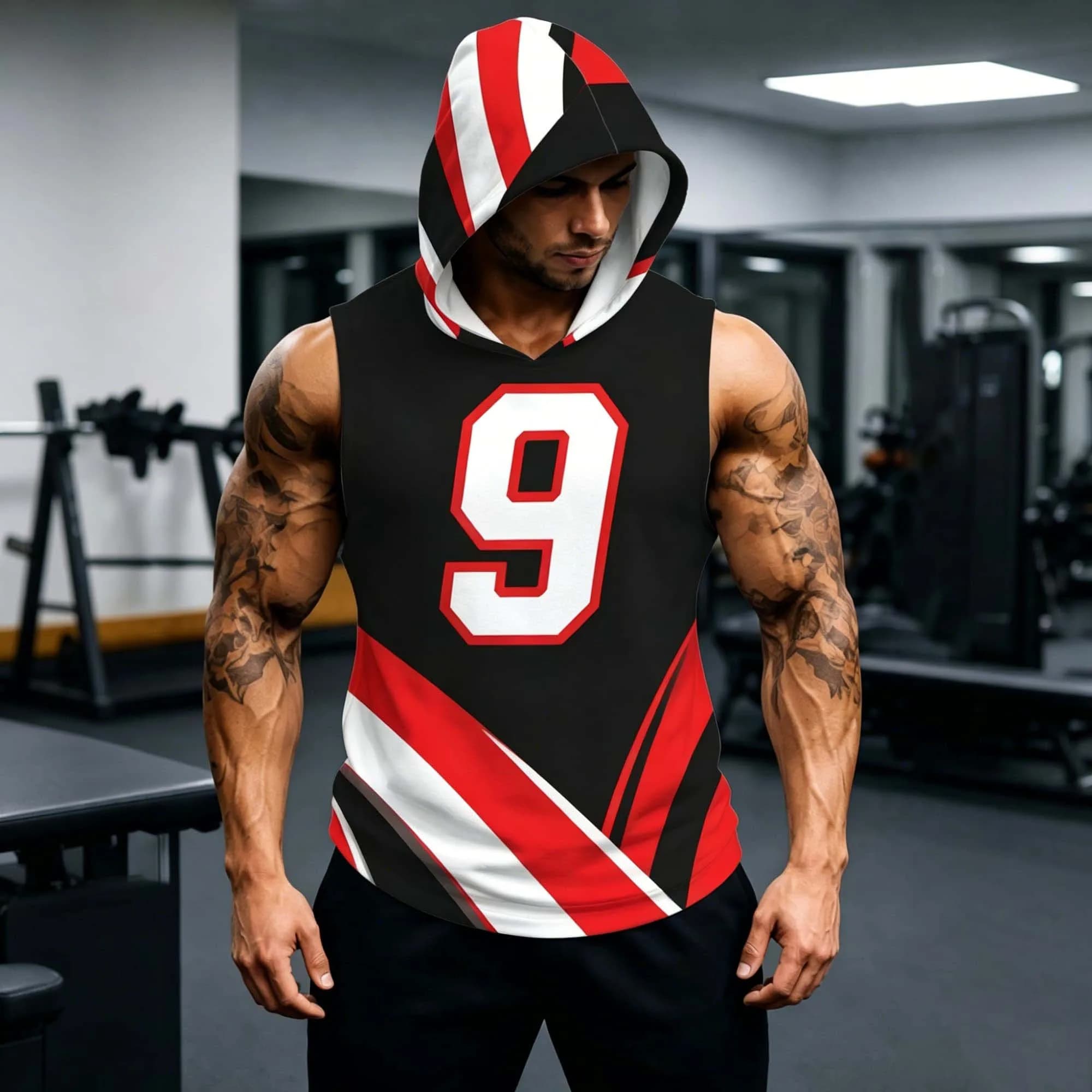 Athletic Jersey Style Number 9 Print Men Sleeveless Hooded Vest Black Red White Geometric Splice Soft Elastic Day Streetwear Top