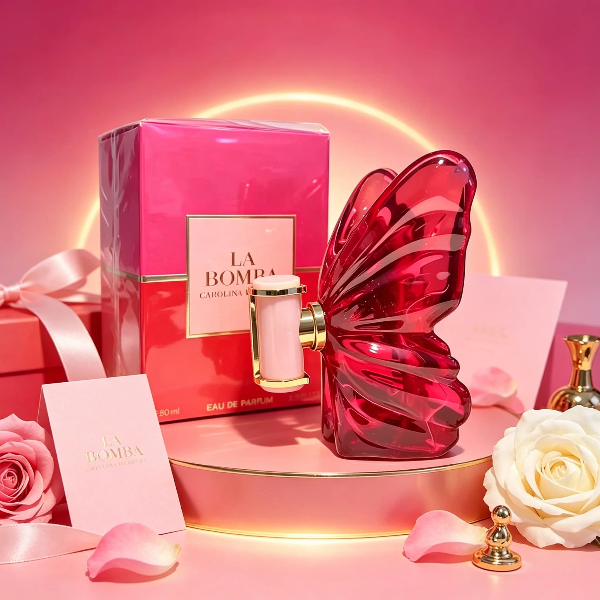 La a by Carolina Herrera Ladies Perfume Complete Hot Pink Two-Tone Gradient Gift Box Gloss Fuchsia Sculpted Butterfly Glass Vessel Pink Gold Trim Spray Top Lush Sweet Tropical Floral Fragrance Instagram Viral Birthday Travel Perfume For Teen Girls