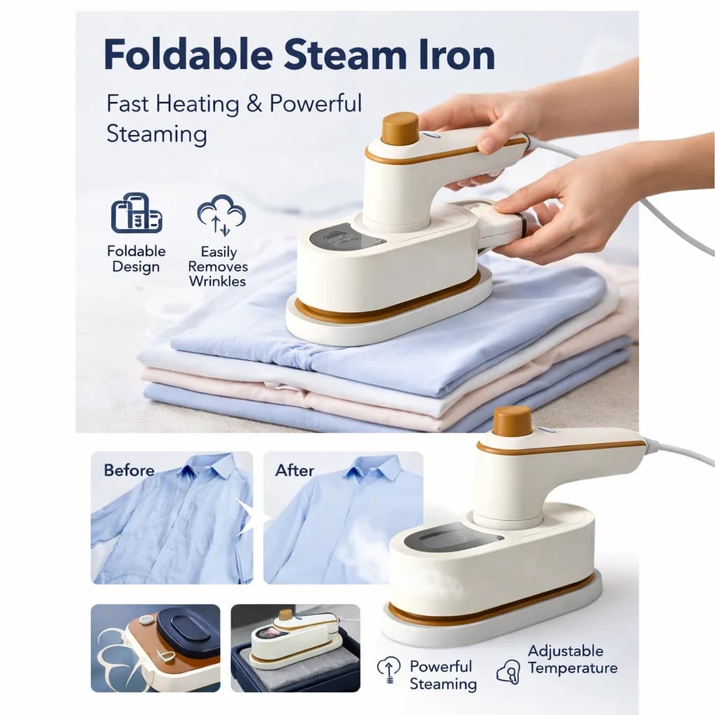 Ferro da Stiro a Vapore Portatile Mini, Stiratrice Verticale 2-in-1 Pieghevole a 180° per Vestiti, Viaggi e Casa