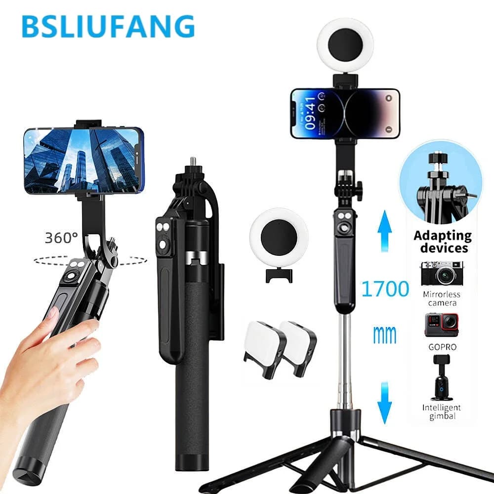 BSLIUFANG 1,7M 360 ° rotazione Selfie Stick Treppiede con luce di riempimento per fotocamera smartphone, supporto mobile monopiede con telecomando wireless