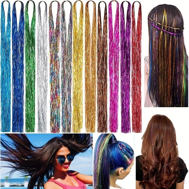 Set di fili Glitter per capelli, 4/6/12 colori resistenti al calore Tinsel Hair Extensions Sparkling Shiny Highlights Hair Tinsel con strumenti