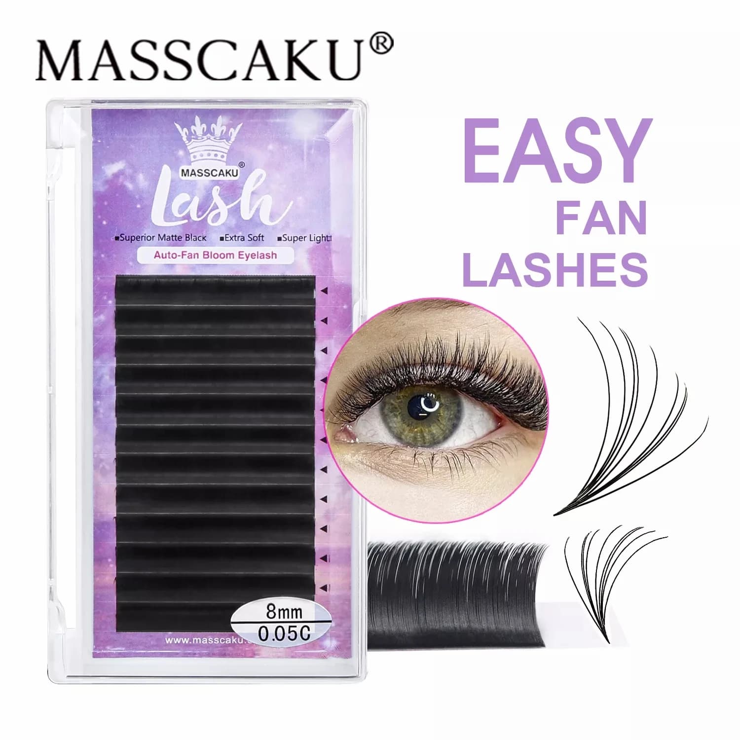 MASSCAKU Make-up Ciglia finte a ventaglio super lunghe e facili da 8-20 mm Ciglia a ventaglio 2d-20d a fioritura rapida per la costruzione di estensioni delle ciglia