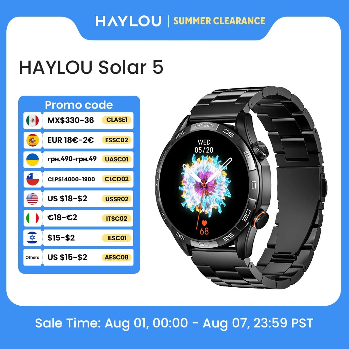 HAYLOU Solar 5 Smartwatch with Voice Calls, 1.58''' 60Hz AMOLED Display, 24H Health Monitoring, Men Sport Smartwatch