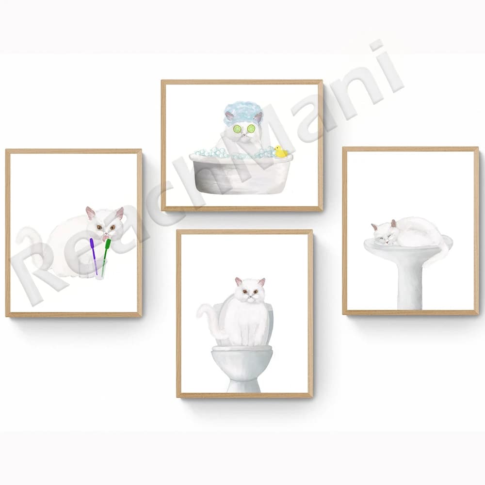 Stampa gatto bianco in bagno, arte gatto bianco dai capelli lunghi, illustrazione gatto, gatto in toilette, regalo d'amore gatto, poster mamma gatto