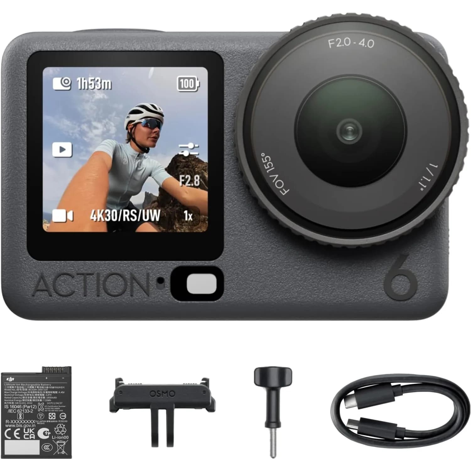 DJI Osmo Action 6 Standard Combo Attivato, Videocamera d'Azione Impermeabile 8K con Sensore Quadrato da 1/1.1", Apertura Variabile da f/2.0 a f/4.0, Rocksteady 3.0, Resistente al Freddo, Batteria da 4 Ore, Archiviazione da 50GB, Videocamera per Vlogging