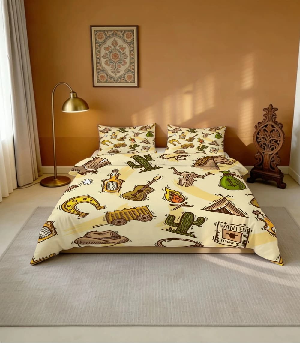 Set di biancheria da letto con stampa digitale ad alta definizione, set copripiumino con motivo a personaggi western in stile cowboy, set copripiumino grande con stampa su entrambi i lati, include 1 copripiumino + 2 federe, adatto per camera da letto, stanza degli ospiti, decorazione domestica, copripiumino + federa in fibra di poliestere, biancheria da letto ultra morbida, tessuto spesso, adatto a tutte le stagioni, lavabile in lavatrice