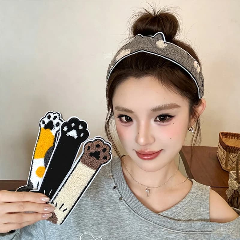 1/5pcs Plush Cat Shaped Velcro for Woman Fashion Long Cat Headband Cute GIrl's Face Washing Velcro Hair Band