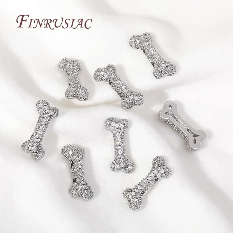 Bone-shaped beads with 18K gold plated brass zircons, beads separators, necklace accessories, DIY jewelry creation supplies