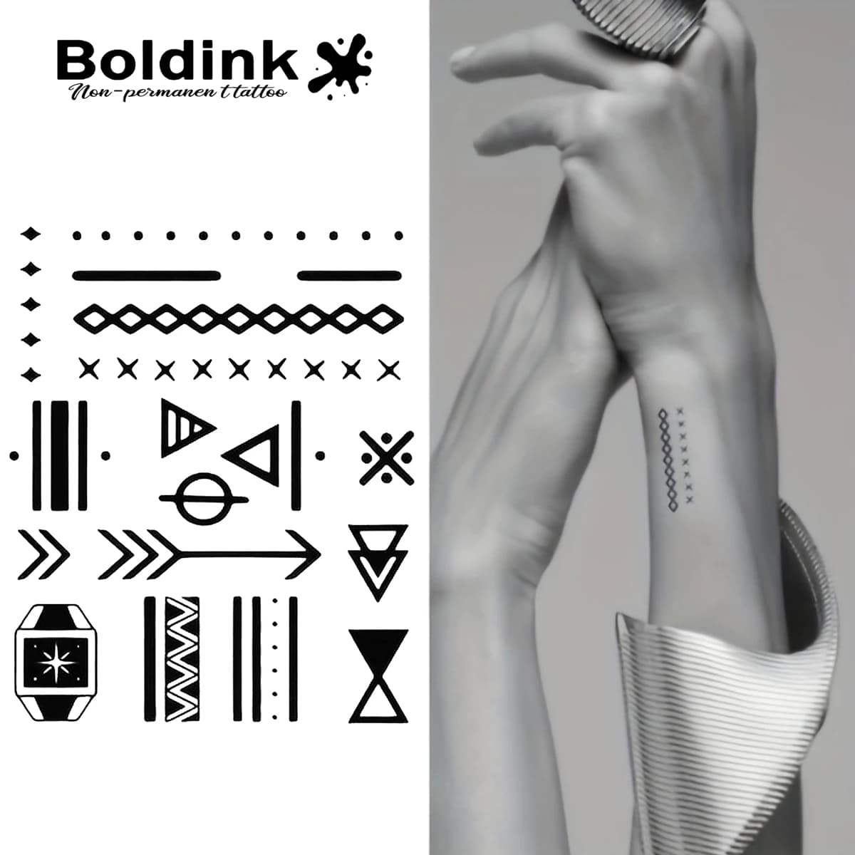 Lines, arrows and other geometries Temporary tattoos, lasts up to 15 days Magical waterproof semi-permanent adhesive of the new technology.