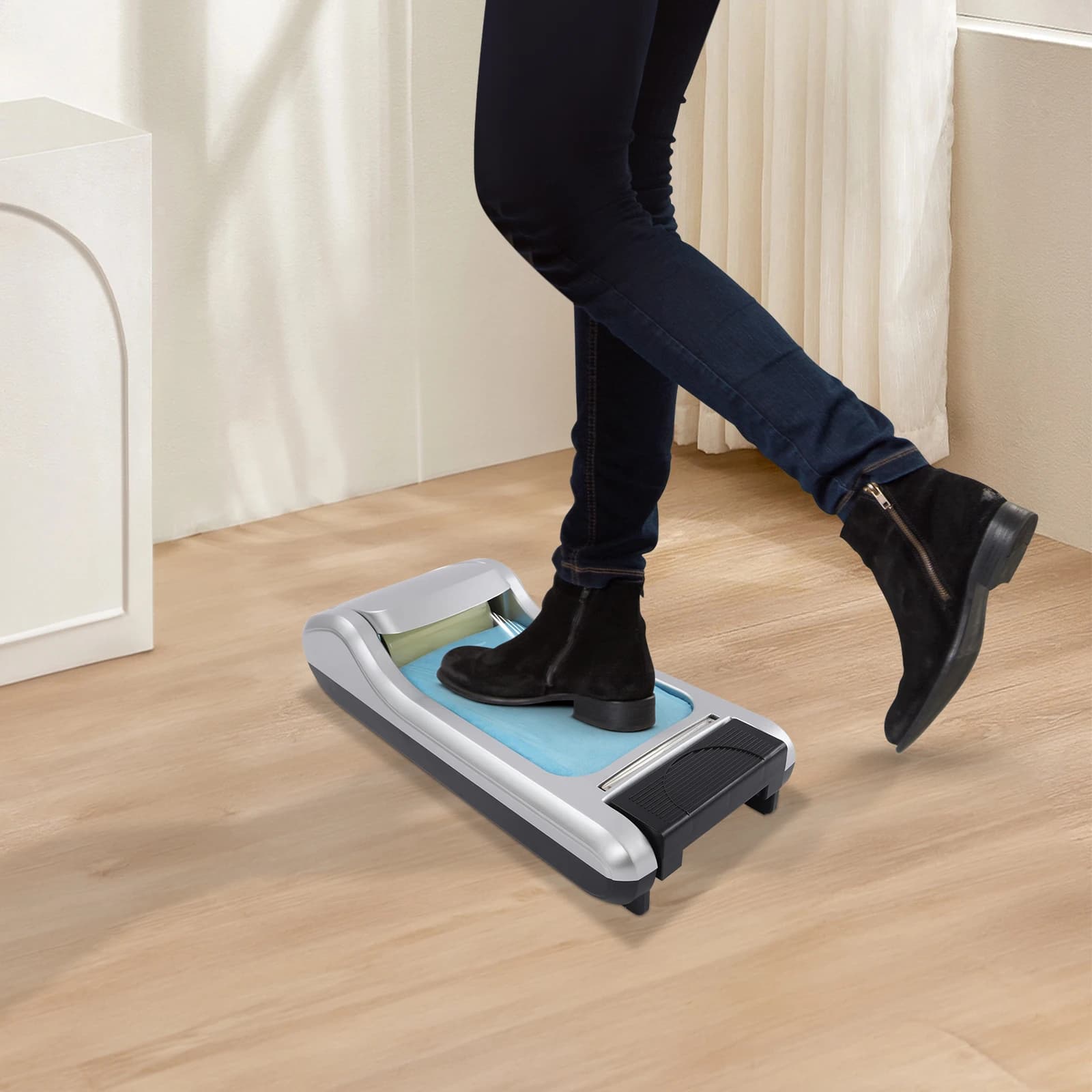 Dispenser automatico per copriscarpe, copriscarpe grigio Proteggi il pavimento con un rotolo di pellicola per scarpe, macchina per copriscarpe per ufficio, appartamento