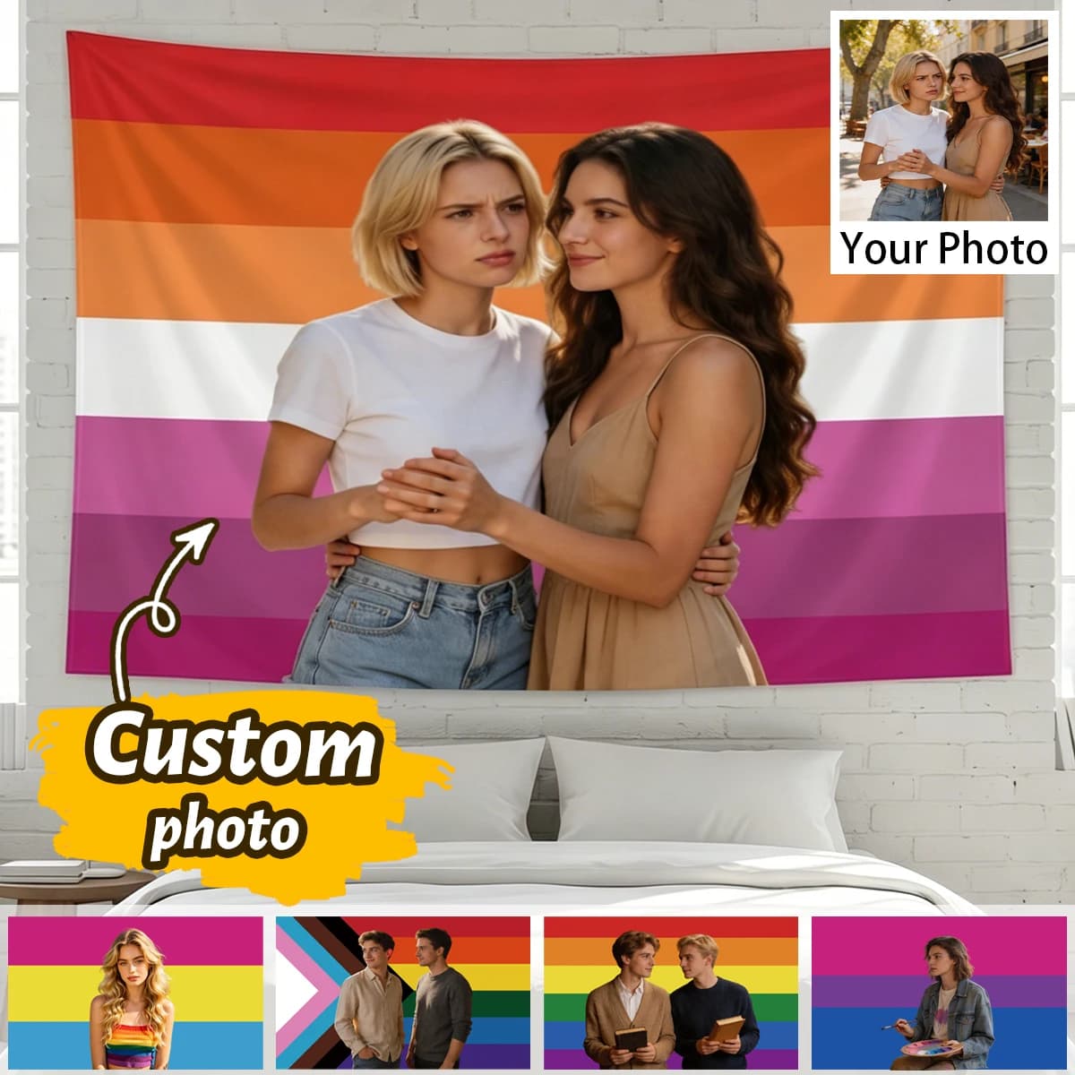 Custom Photo Rainbow Flag Banner, Personalized Pride Style Wall Tapestry Garden Flag Decor.