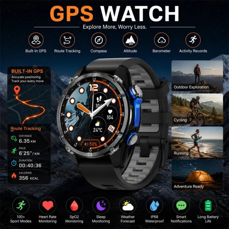 Smartwatch HD350 Pro per Uomo con GPS, Mappe Offline, Memoria 4GB, Registratore, Torcia, Barometro, Altimetro e Bussola per Sport all'Aperto