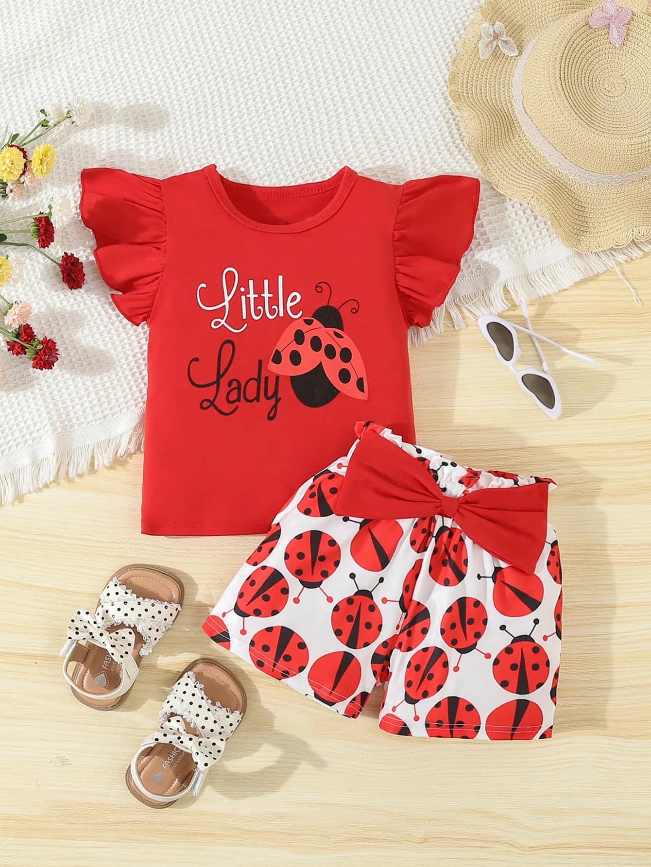 Summer Adorable Ladybug Outfit 2pcs Set for Baby Girls Sleeveless T-shirt +Causal Shorts Infant Newborn Baby Girl Clothes
