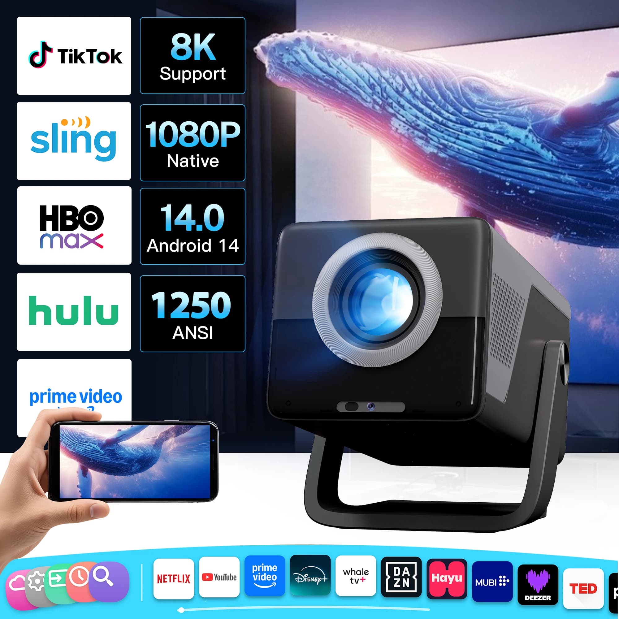 Proiettore Lyncast 8K 1200 Lumen Nativo 1080P, Chip Android 14.0 H726, Telecomando Vocale, WiFi6, Schermo Gigante Portatile con Auto Focus