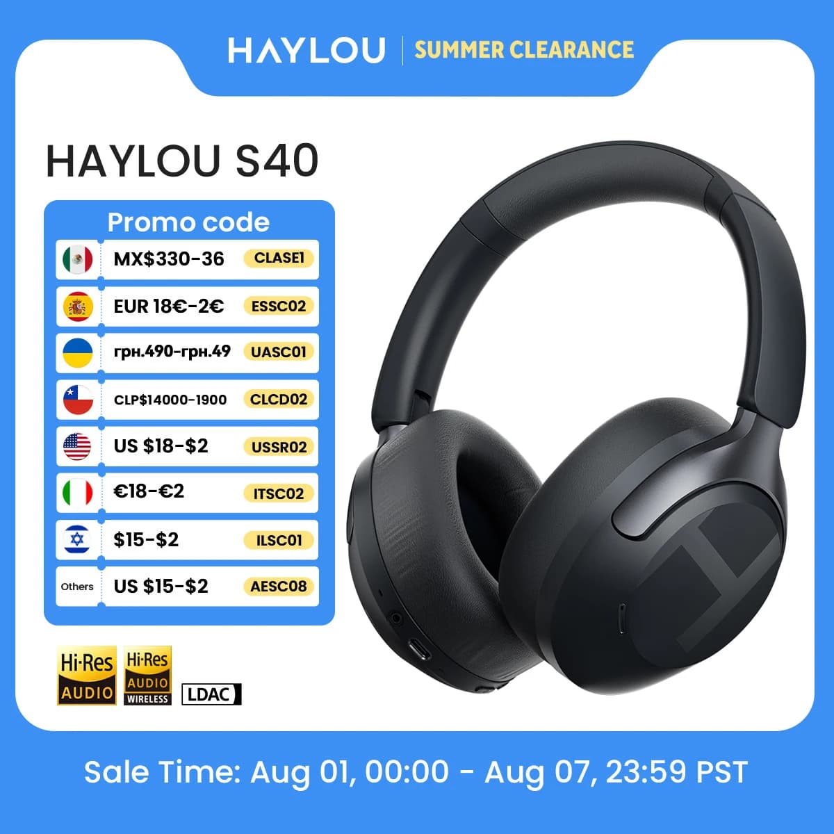 Cuffie Wireless HAYLOU S40 ANC con Cancellazione del Rumore 50dB, Audio Spaziale 3D Hi-Res, Auricolari con LDAC Bluetooth 6.0, Cuffie Over-Ear