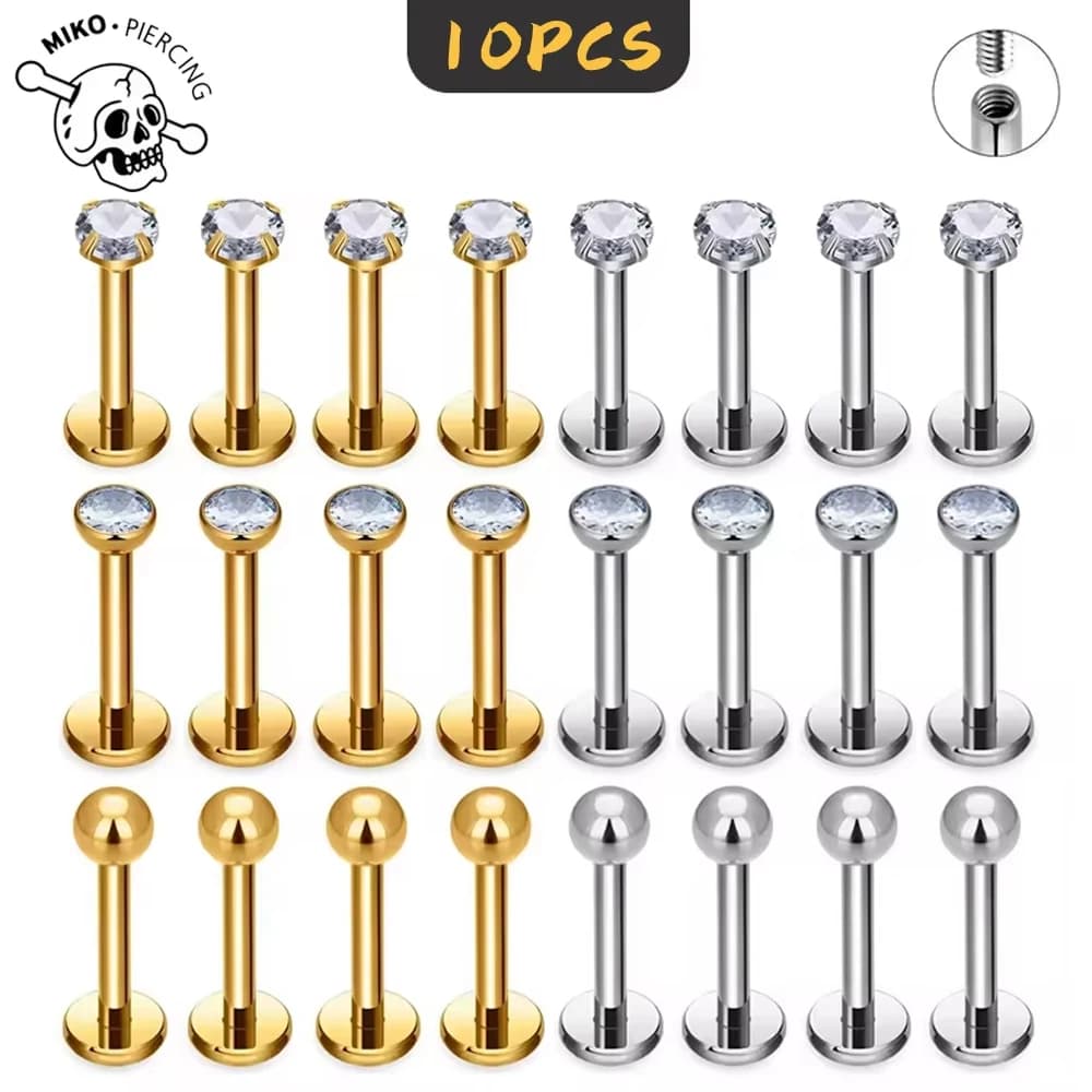 10Pc ASTM F136 G23 Titanium Labret Ear Lip Stud Jewelry CZ Stone Cartilage Tragus Earring Tongue Studs Threaded Body Jewelry