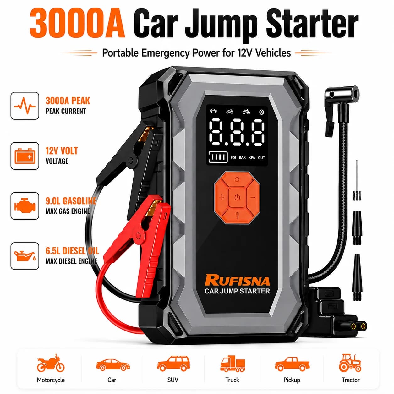 RUFISNA Car Jump Starter 3000A Peak 12V Jump Starter,150PSI Tire Inflator Air Pump,Multifunctional Emergency Battery Charger Power Bank & Jumper Cables USB Port LED Flashlight Portable Rescue Tool ,for Gas Vehicle SUV Truck Large Displacement Car