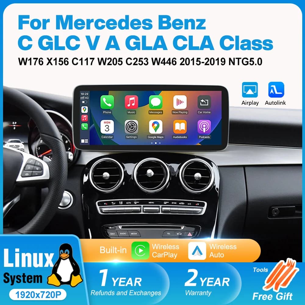 Autoradio Linux with Carplay and Screen for Mercedes Benz Class C GLC V A GLA CLA W176 X156 C117 W205 C253 W4467, GPS Multimedia Reader