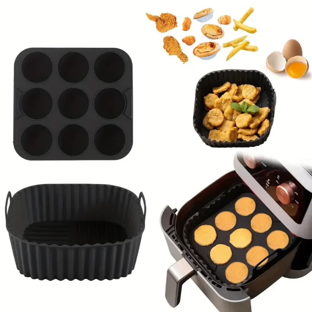 Square inner lining for 2-piece silicone air fryer, reusable inner lining for silicone air fryer, air fryer accessories for food safety, Bakin