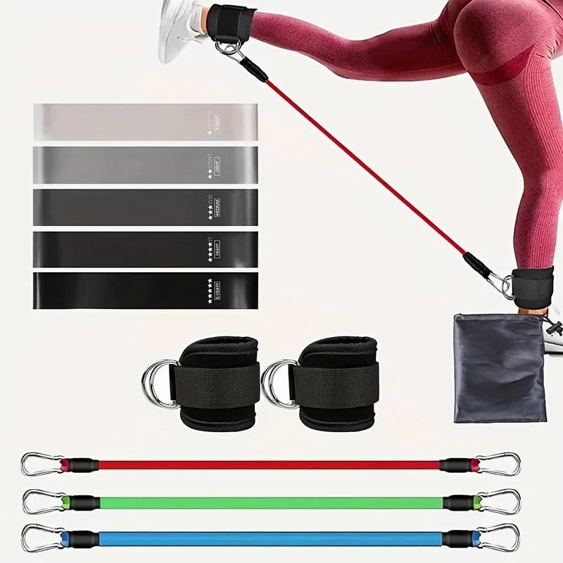 11-piece home gym leg and hip toning system - Set of resistance bands and trainer for ankles/cuci with adjustable voltage levels