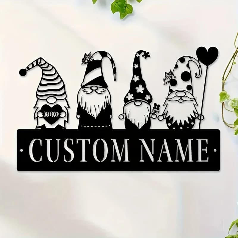 Arte Murale con Gnomo Personalizzata, Insegna Gnomo Personalizzata, Decorazione Gnomo Stile Fattoria, Arte in Ferro per Soggiorno e Ufficio, Targa con Nome Personalizzato