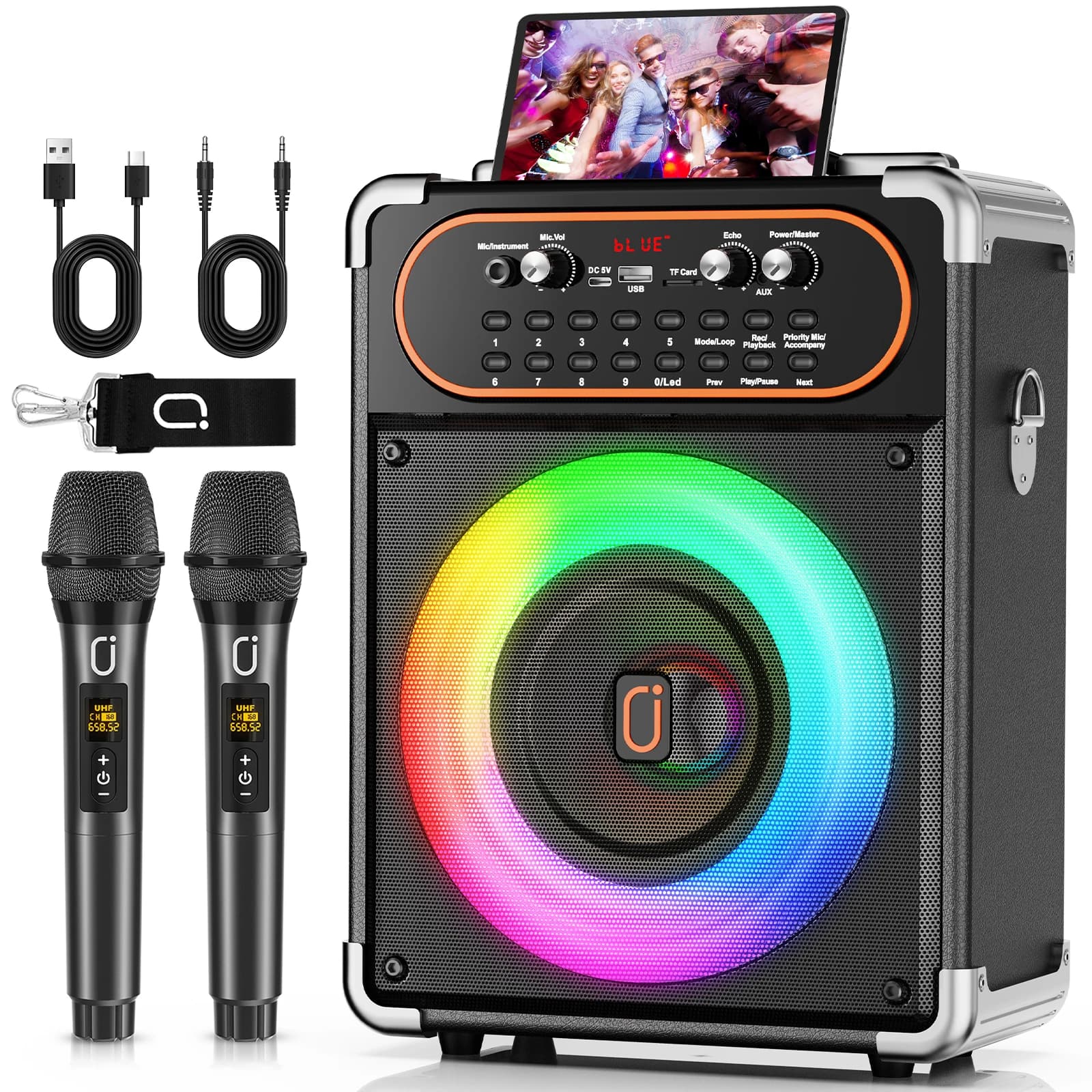 Macchina per karaoke con 2 microfoni, altoparlante portatile per karaoke Bluetooth 5.3 per eventi all'aperto, feste, sistema PA, subwoofer da palcoscenico