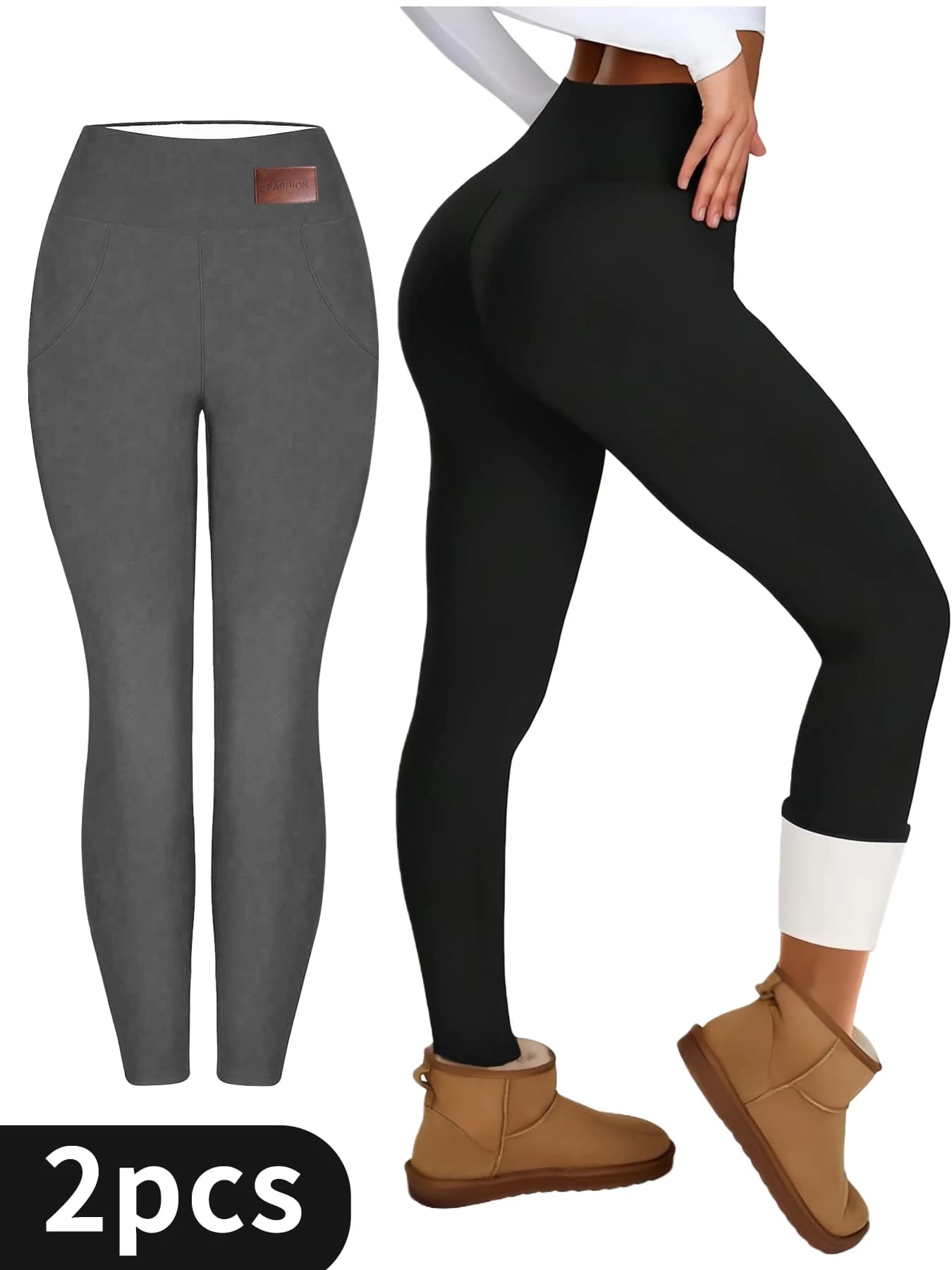 Confezione da 2 leggings in pile termico da donna (nero e grigio) Pantaloni da yoga a vita alta con controllo della pancia, leggings termici foderati in pile per lo yoga