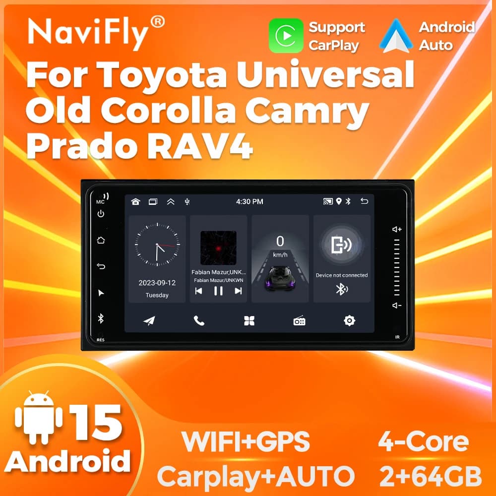 Autoradio Android 15 Universal for Toyota (Corolla, Camry, Prado, Rav4, Rav-4) 2 Din 1Din with Multimedia Reader Video, Carplay and GPS Navigator