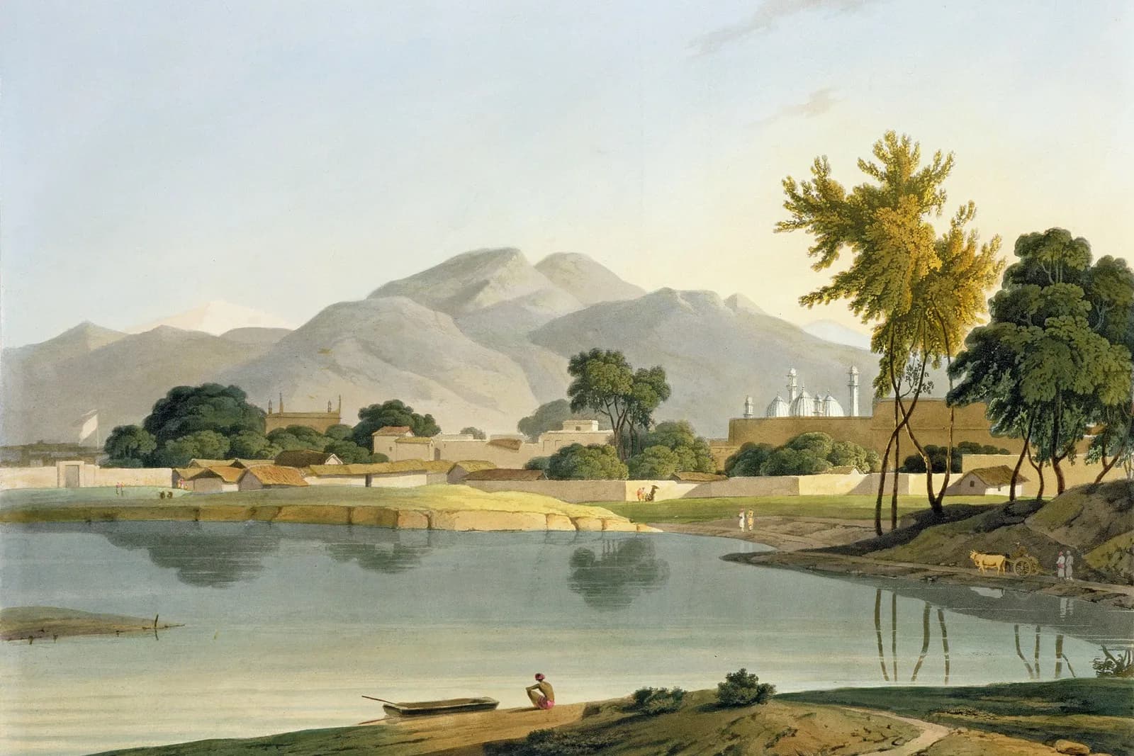 Nijeibabad oil paint Wallpaper, Décor panoramique Indian landscape wall Mural with an with river, mosque and mountains