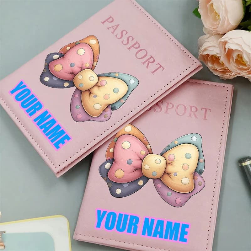 Customized Passport Case,Personalized Passport Cover with Cute Colorful Polka Dot Bow Pattern,Custom Name Travel Passport Holder