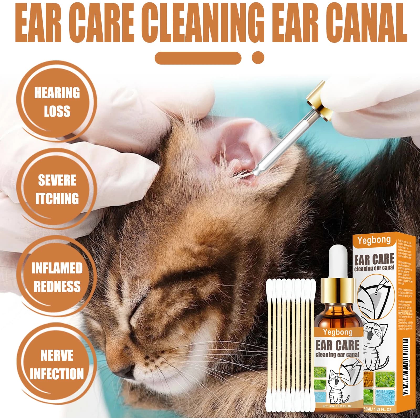 Yegbong 50ml Orecchio di Animale Domestico Pulito Goccia Cane Gatto Orecchio Lavaggio Odore Rimuovere Alleviare Il Prurito Inconforto Pulito Cerume Orecchio Acaro Pulizia Set di Liquidi
