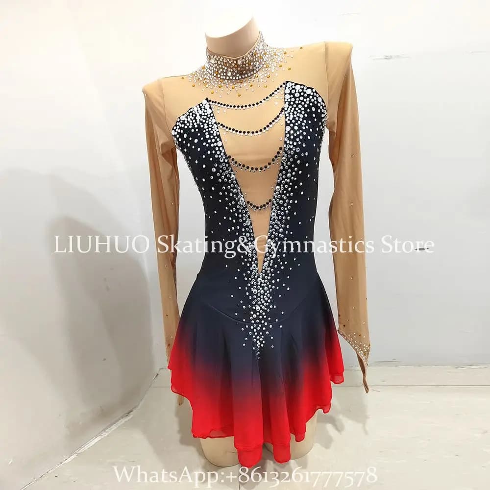 Vestito da pattinaggio artistico su ghiaccio Ragazze Donna Rosso Patchwork Maglia Spandex Ginnastica ritmica Dancewear Competizione fatta a mano BD1128