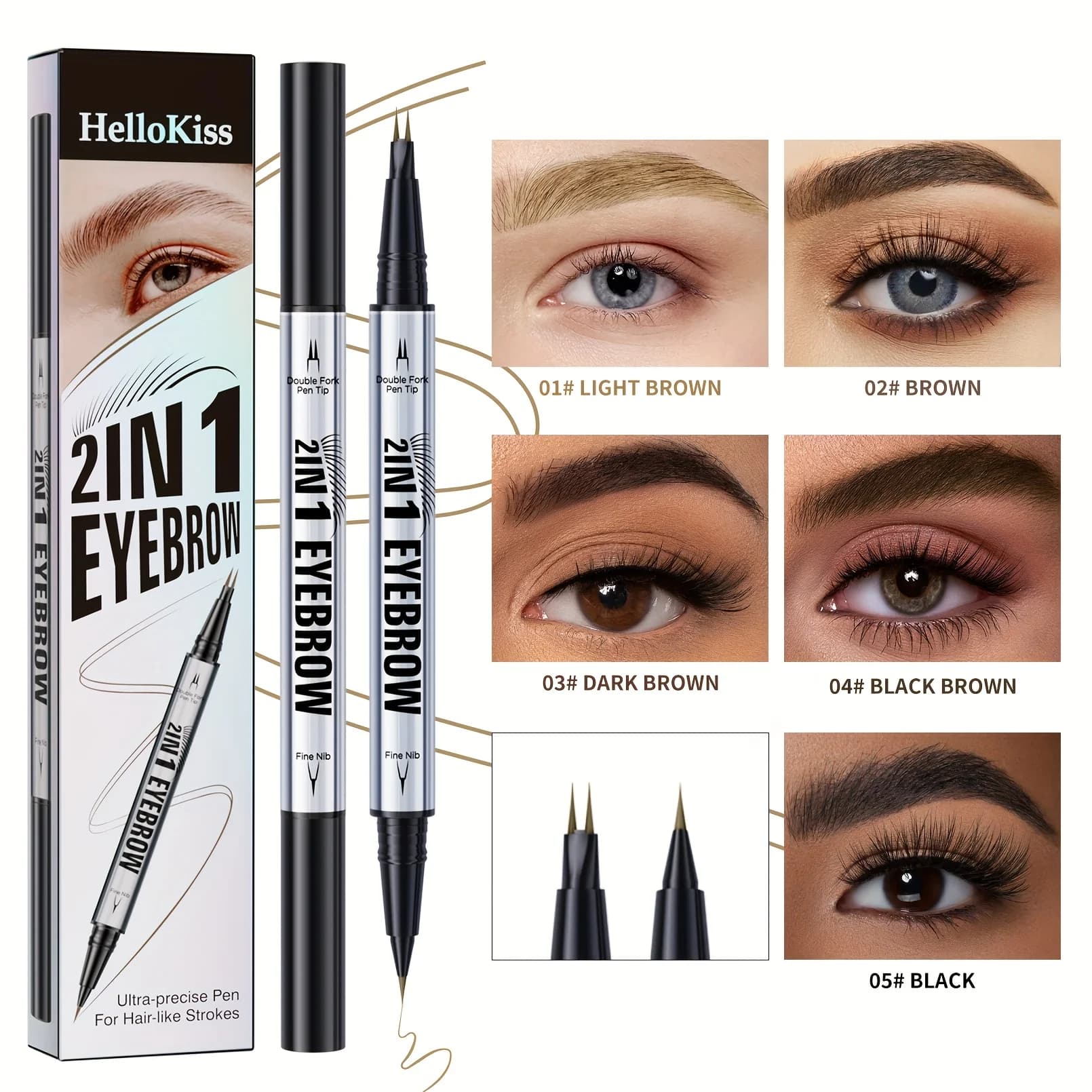 Luxury 2-in-1 Brow Pen with Micro Fork Tip & Precision Brush Waterproof Eyebrow Pencil for Natural Hair Strokes